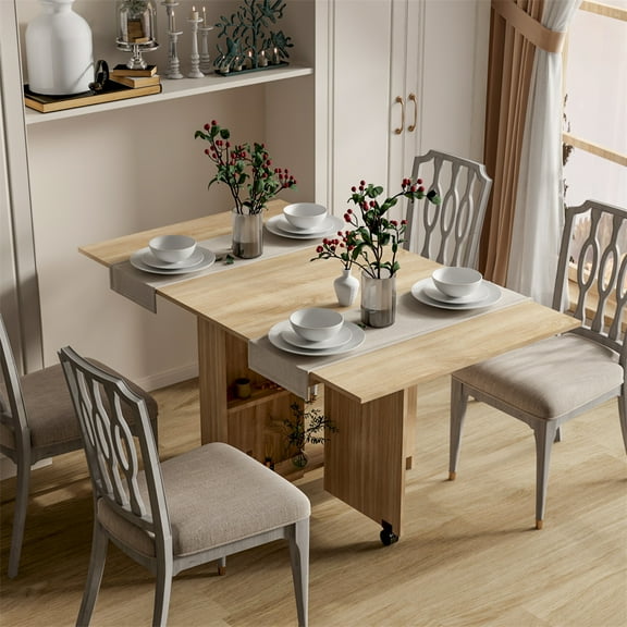 Kitchen Dinner Table, Space Saving Folding Dining Table with 2 Storage Racks, Extendable Drop Leaf Farmhouse Wood Dining Room Tables For Kitchen Living Room
