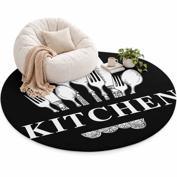 Kitchen Dinnerware Area Rug 5', Knife And Fork Tableware Black Soft Mat ...