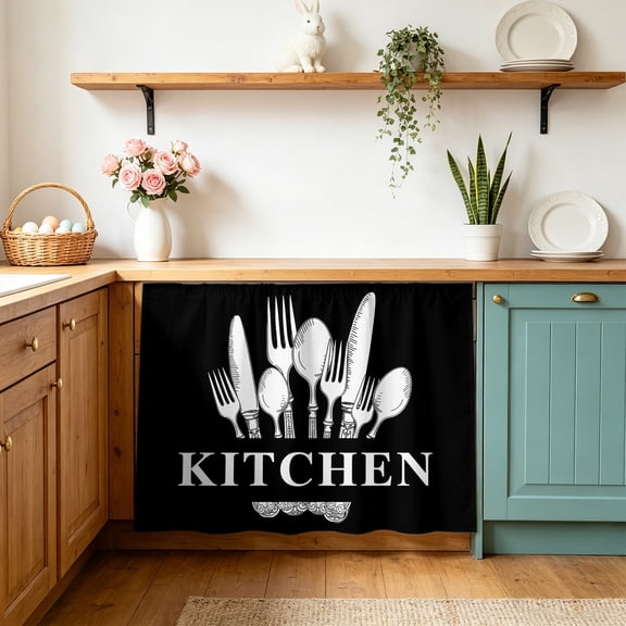 Kitchen Dinnerware Cabinet Curtains 10" W x 11" L Knife And Fork Tableware Black Waterproof Adhesive Kitchen Under Sink Curtain Dust-Proof Dishwasher Skirt for Closet