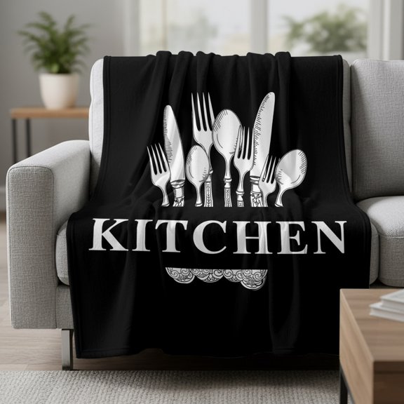 Kitchen Dinnerware Fleece Throw Blanket Knife And Fork Tableware Black Ultra Soft Fuzzy Cozy Flannel Throw Blanket for Couch Sofa Bed Car Travel, Ideal Gifts 40x50 Inches