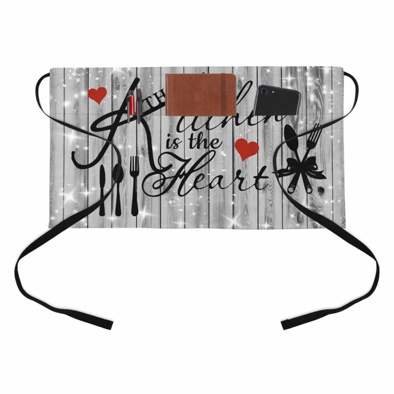 Kitchen Dinnerware Half Waist Apron Black Knife Fork Spoon Tableware Short Waiter Aprons with 3 Pockets for Women Men Kitchen Restaurant Cooking