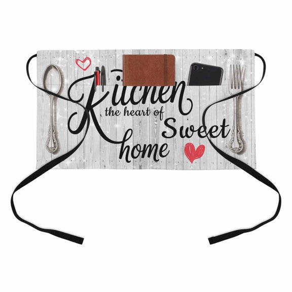 Kitchen Dinnerware Half Waist Apron Knife Fork Spoon Tableware Wood Grain Short Waiter Aprons with 3 Pockets for Women Men Kitchen Restaurant Cooking