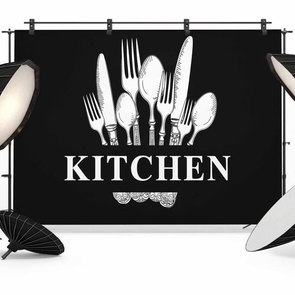 Kitchen Dinnerware Photography Backdrop 7x5FT, Knife And Fork Tableware Black Photo Backdrops, Background for Photography Studio Photo Studio Background, Back Drop for Photoshoot