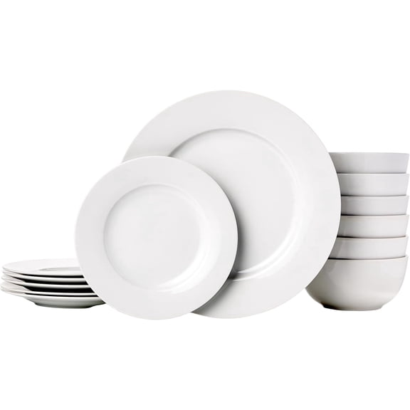 Kitchen Dinnerware Set, Microwave and Dishwasher Safe, Plates, Bowls, Service for 6, 18-Piece, White