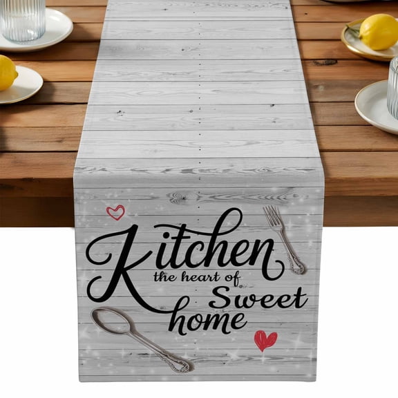 Kitchen Dinnerware Table Runner, Knife Fork Spoon Tableware Wood Grain Kitchen Table Runners Dress Scarves for Table Decorations Party/Restaurant/Indoor Outdoor Use, 13x36in