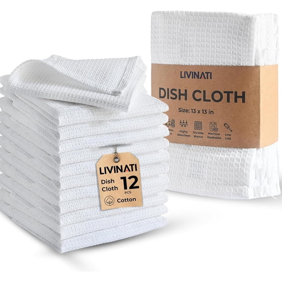 Kitchen Dish Cloths for Washing Dishes - Waffle Weave Cotton Dish Rag Towel - 13"x13" Set of 12 White Kitchen Washcloth Dishcloth Dishrag Dishtowel Wash Cloth