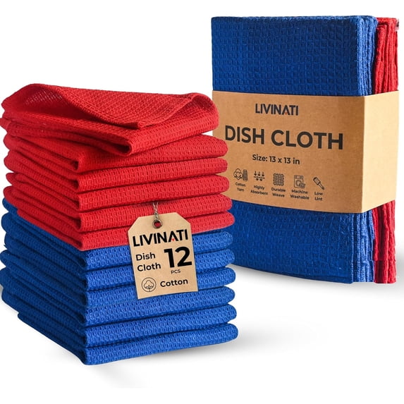 Kitchen Dish Cloths for Washing Dishes - Waffle Weave Cotton Dish Rag Towel - 13"x13" Set of 6+6 - Royal Blue + Red Kitchen Washcloth Dishcloth Dishrag Dishtowel Wash Cloth