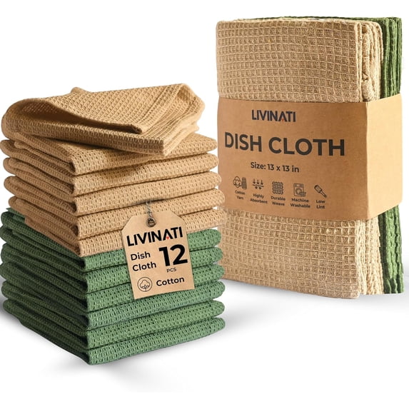 Kitchen Dish Cloths for Washing Dishes - Waffle Weave Cotton Dish Rag Towel - 13"x13" Set of 6+6 - Sage Green + Beige Kitchen Washcloth Dishcloth Dishrag Dishtowel Wash Cloth