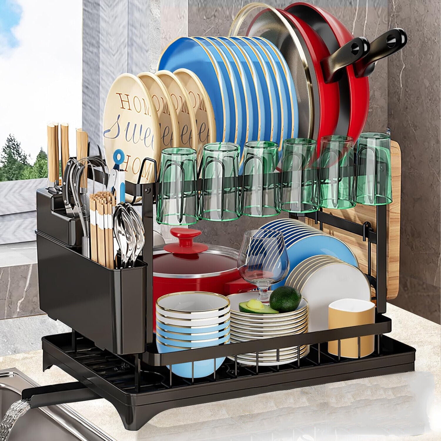 2-Tier Kitchen Dish Drying Rack - Cutlery Holder & Utensil Organizer, 17.3x12.9x12.2 Inches, Black
