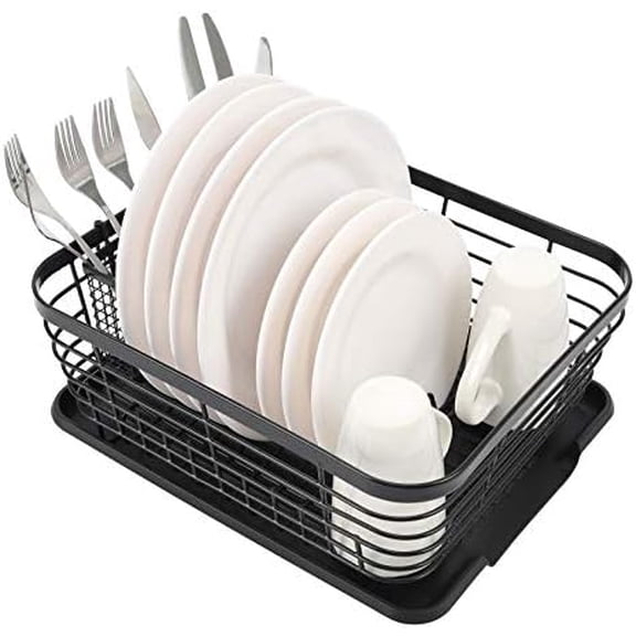 Kitchen Dish Drainer Rack with Drying Board and Full-Mesh Silverware Utensils Holder, Black