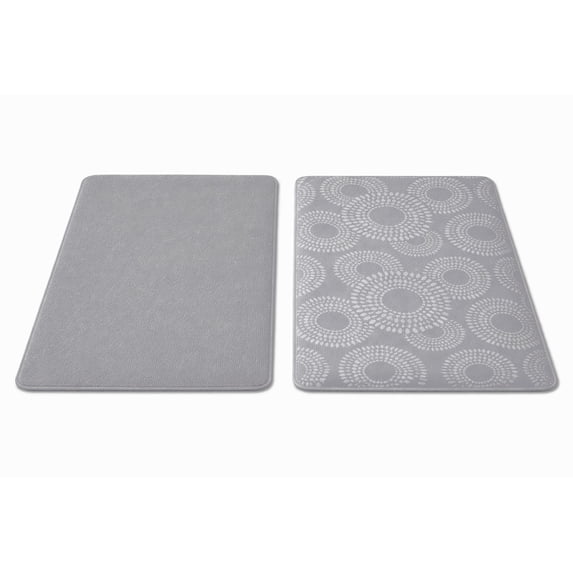 Dish Drying Kitchen Mat, 2 Pieces Medallion and Solid Grey