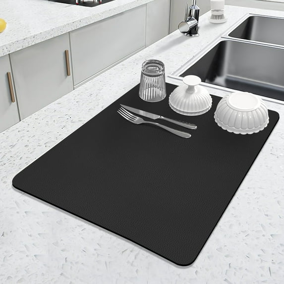 Kitchen Dish Drying Mat for Kitchen Counter 16"x18", Diatomite Coffee Mat Anti-slip Rubber Backed, Black
