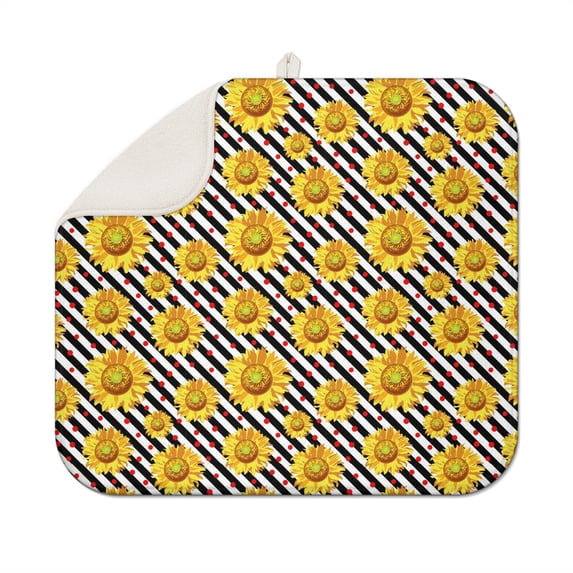 Kitchen Dish Drying Mat with Bright Sunflower Design, Microfiber Foldable Pad, Absorbent Floral Counter Rack Drainer, 16x18 Inch