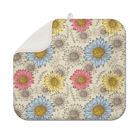 Kitchen Dish Drying Mat with Sunflower Print Microfiber Pad Foldable Absorbent Rack Drainer Floral Decor 16x18 Inch