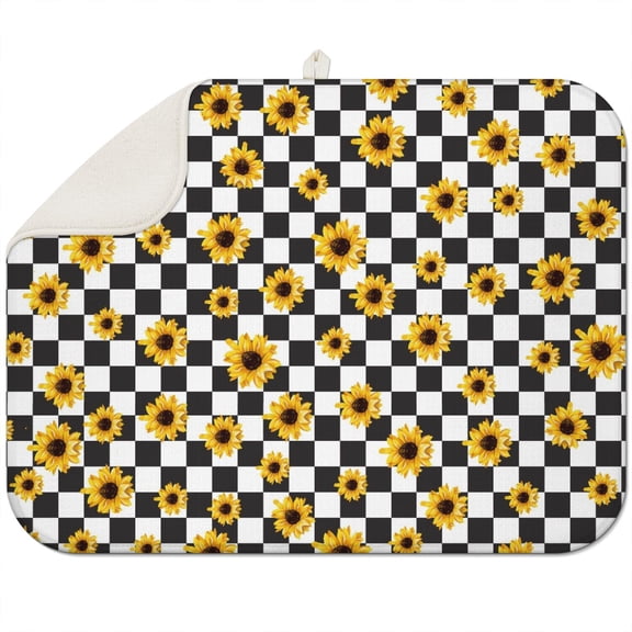 Kitchen Dish Drying Mat with Sunflowers, 18x24 Inch Microfiber Pad, Absorbent and Foldable Floral Rack Mat for Sink and Counter