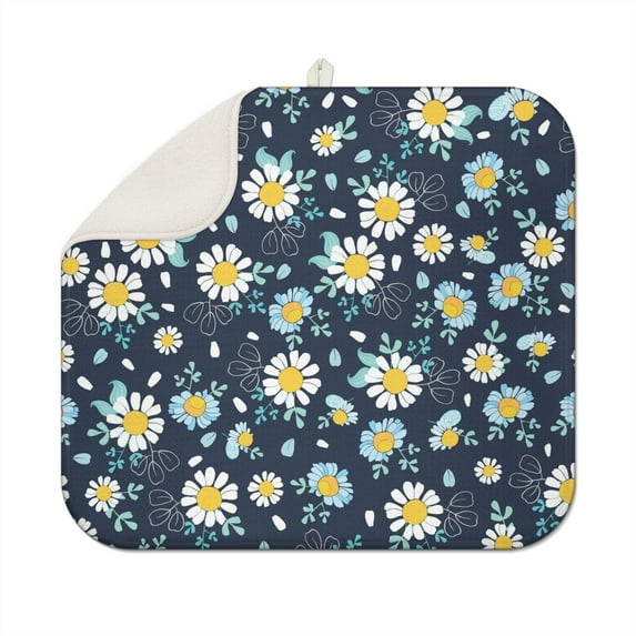 Kitchen Dish Drying Pad Daisy Pattern Microfiber Mat Absorbent Foldable Drainer Rack for Countertop Spring Style 16x18 Inch