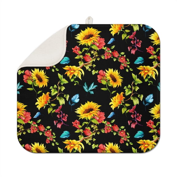 Kitchen Dish Drying Pad Sunflower Pattern, Microfiber 16x18 Inch Foldable Counter Mat, Absorbent Rack for Sink or Table