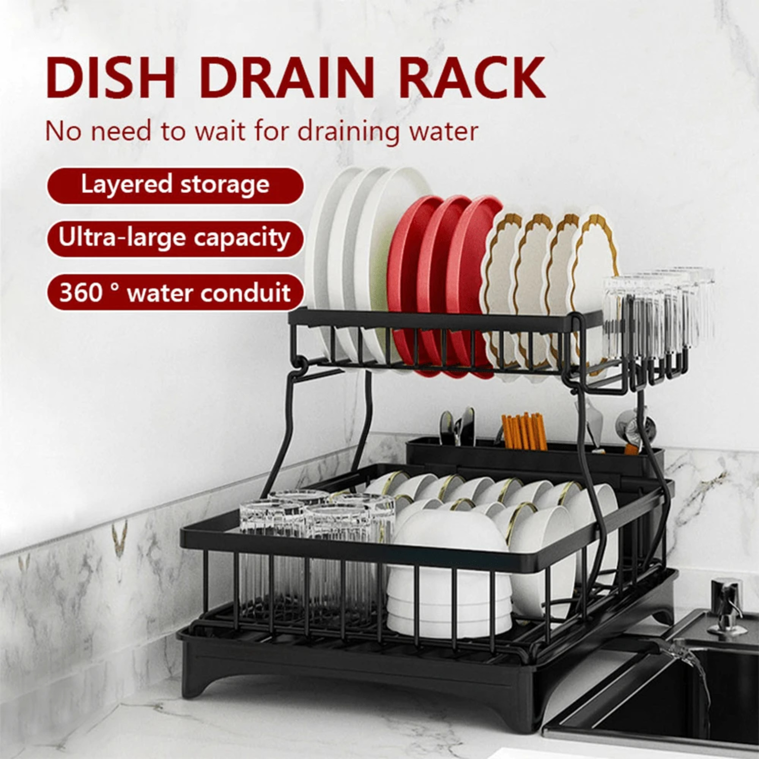 Kitchen Dish Drying Rack 2-Tier Compact Kitchen Dish Racks Drainboard ...