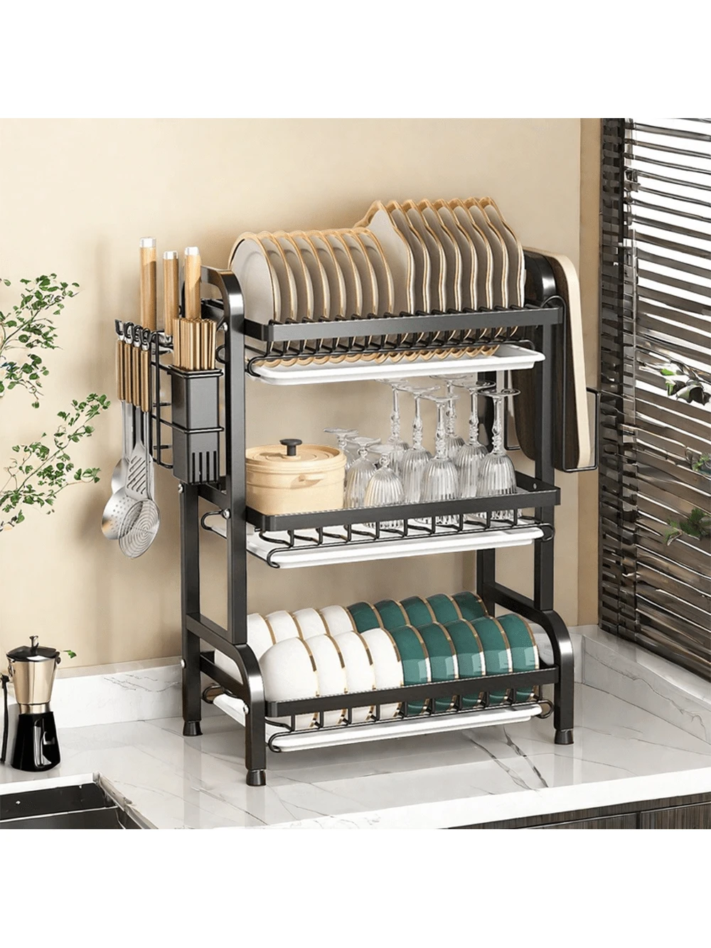 Kitchen Dish Drying Rack 3-Tier Compact Kitchen Dish Racks Drainboard ...