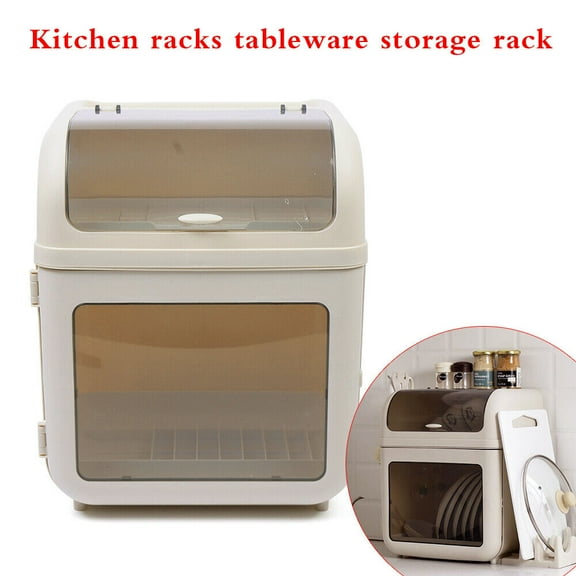 Kitchen Dish Drying Rack Basket w/ Cover & Hooks, Plastic Dustproof Drain Storage Organizer, Khaki