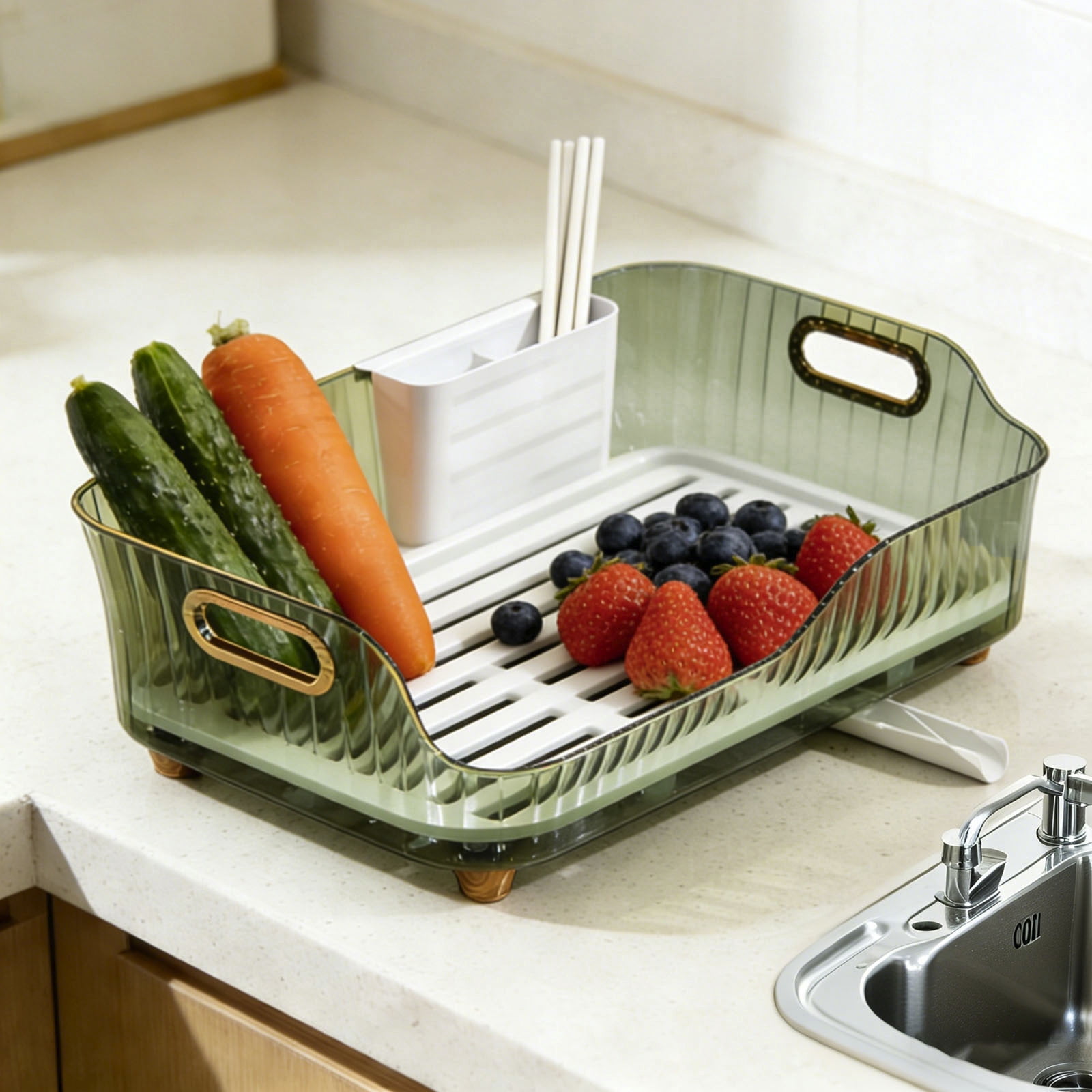 Kitchen Dish Drying Rack with Extendable Drainboard Countertop Dish Rack with Utensil Holder Multifunctional Transparent Dish Organizer Ideal for Dishes Bowls Cutlery and Fruit Storage