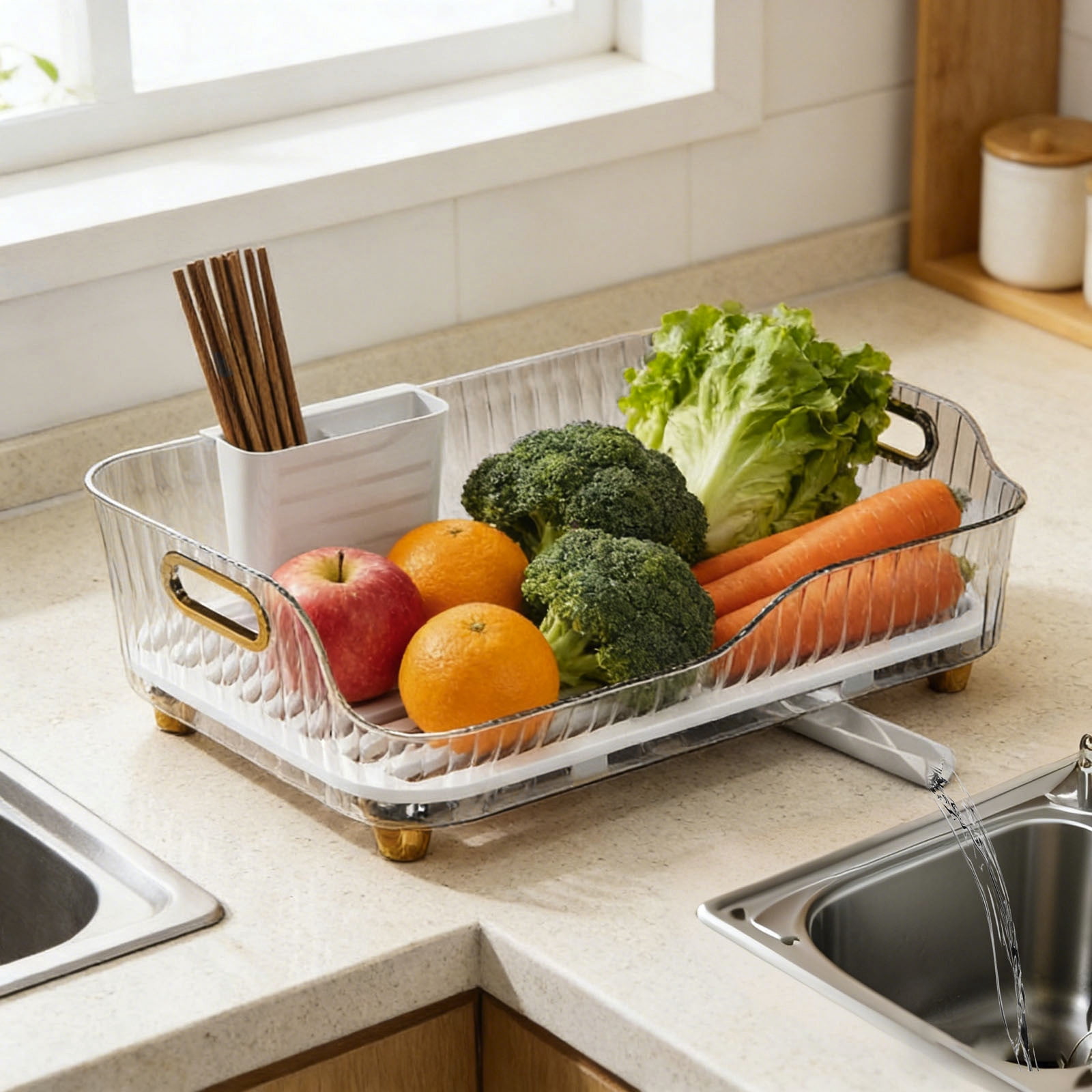 Kitchen Dish Drying Rack with Extendable Drainboard Countertop Dish Rack with Utensil Holder Multifunctional Transparent Dish Organizer Ideal for Dishes Bowls Cutlery and Fruit Storage