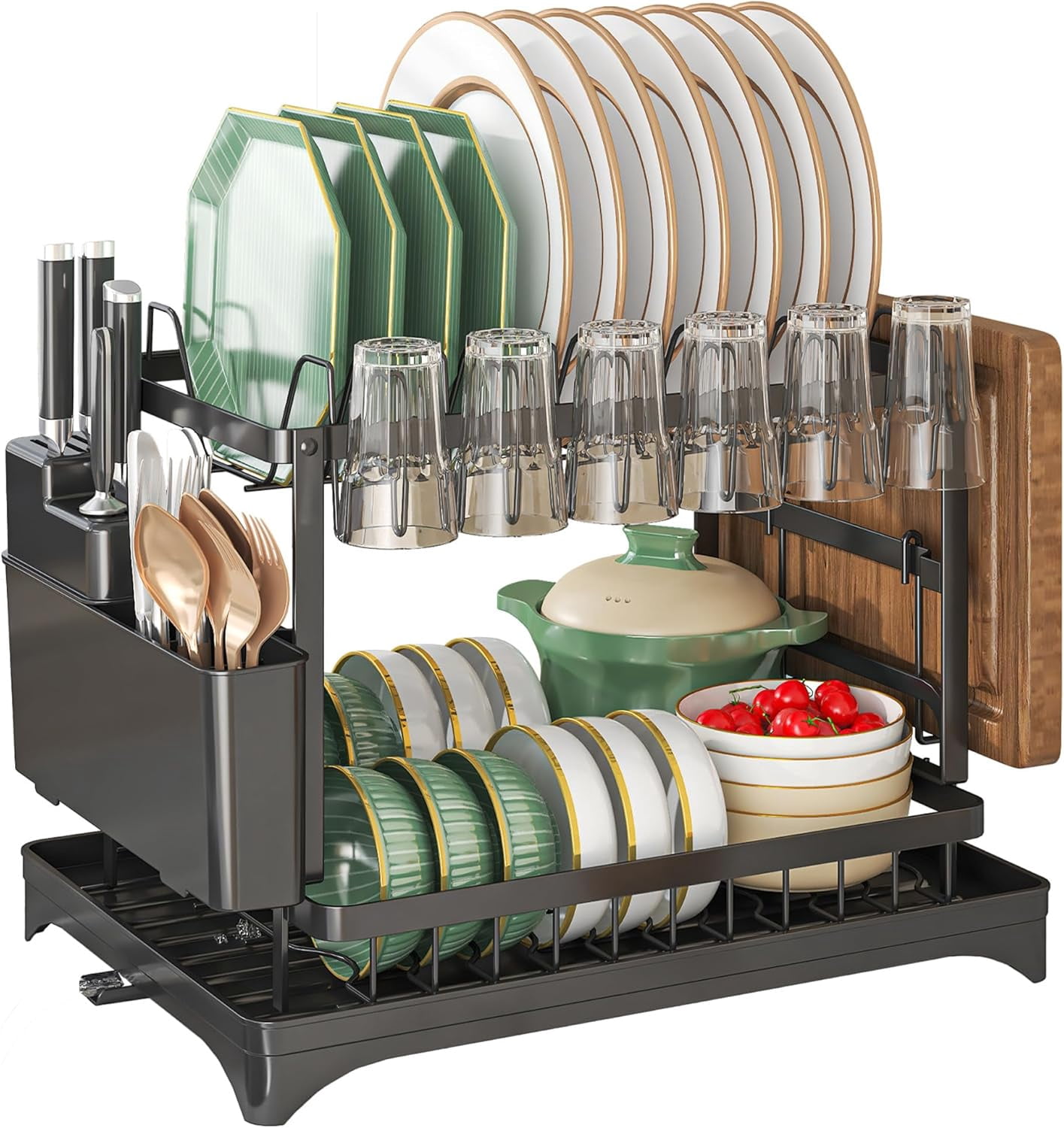 Kitchen Dish Drying Rack, Large 2-Tier Dish Rack with Drainer Board ...
