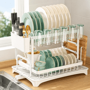 2 Tier Dish Drying Rack, Kitchen Counter Dish Drainer with Utensil Holder, Knife & Cutting Board Holder, Drainboard & Swivel Spout