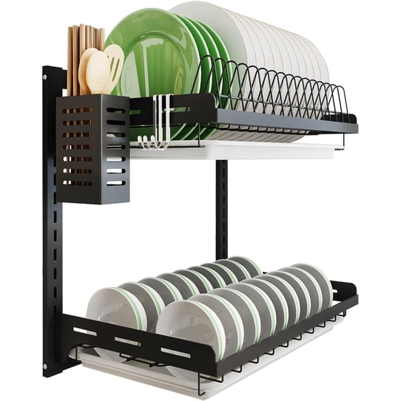 junyuan Hanging Dish Drying Rack Wall Mount,Dish Racks Drainer,3 Tier Kitchen Plate Organizer Storage Shelf with Drain Tray with 3 Hooks,Stainless Steel Black Large Ajustable Height