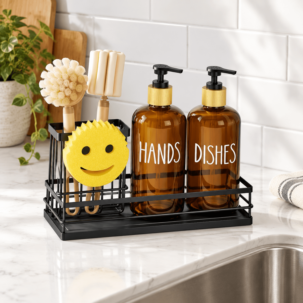 Kitchen Dish Soap Dispenser Set 16oz Glbottle Hand Andtant Dry Tray ...