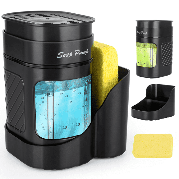 HEEYCEM Kitchen Dish Soap Dispenser with Sponge Holder, 3-in-1 Countertop Dishwashing Soap Pump Dispenser Set for Kitchen Sink, Useful Kitchen Gadgets - Black