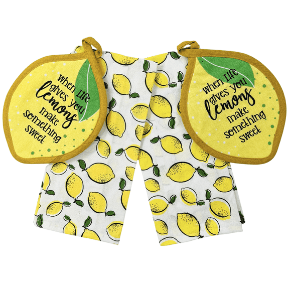 Serafina Home Kitchen Dish Towel and Pot Holders Set  Set of 4 100% Cotton Bright Yellow Lemon When Life Gives You Lemons Design  Two  Kitchen Towels (16"x26") Two Pot Holders (8"x8")
