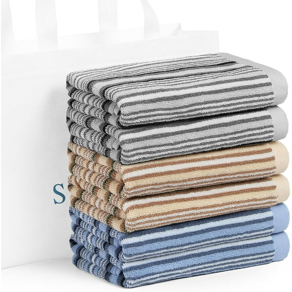 Kitchen Dish Towels for Drying Dishes, Large Cotton Kitchen Towels, Stripped Terry Dish Cloths, Thick Highly Absorbent Towel Sets with Hanging Loop, 16" X 26", 6 Packs Multi-Color