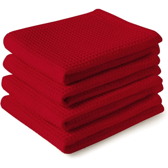 Kitchen Dish Towels Set | Red | Waffle Weave and Flat Hand Tea Towel | 28"x18" | Quick Drying Reusable Cotton Washcloths | Multipurpose Lightweight Dishcloths Set of 4