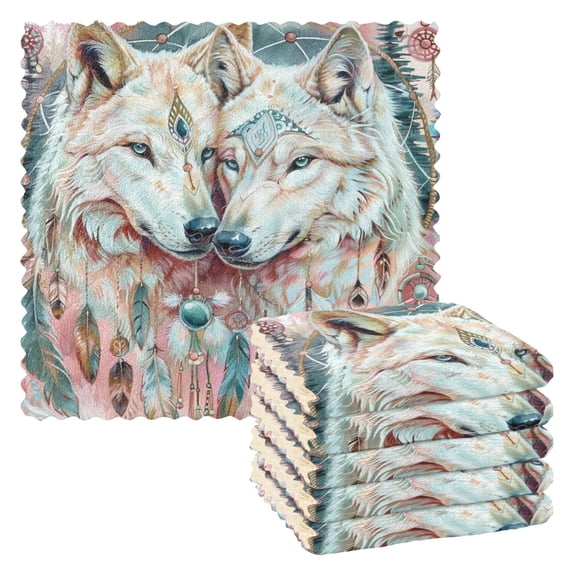 Kitchen Dish Towels Soft Absorbent Dish Cloths 11"x11" Beautiful Wolves with Feather 6 Packs