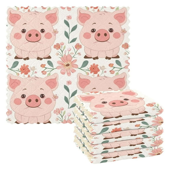 Kitchen Dish Towels Soft Absorbent Dish Cloths 11"x11" Cartoon Pig with Flower 6 Packs