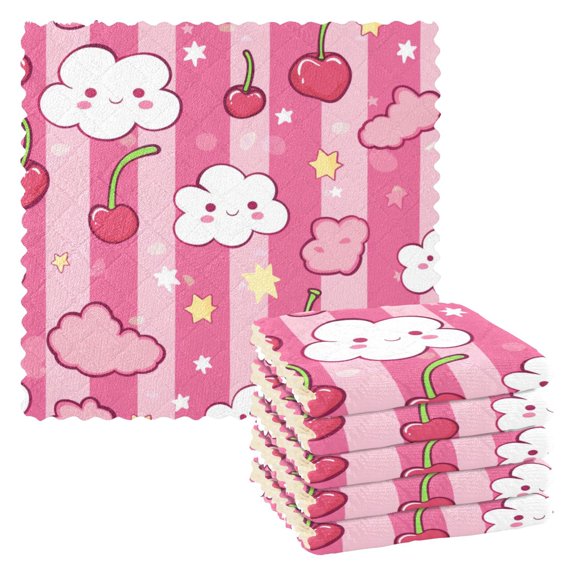Kitchen Dish Towels Soft Absorbent Dish Cloths 11"x11" Clouds Cherries Star 6 Packs