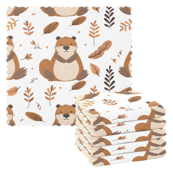 Kitchen Dish Towels Soft Absorbent Dish Cloths 11"x11" Cute Beaver and Leaf 6 Packs