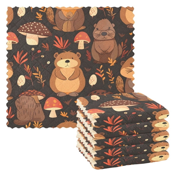 Kitchen Dish Towels Soft Absorbent Dish Cloths 11"x11" Cute Beaver and Mushroom 6 Packs