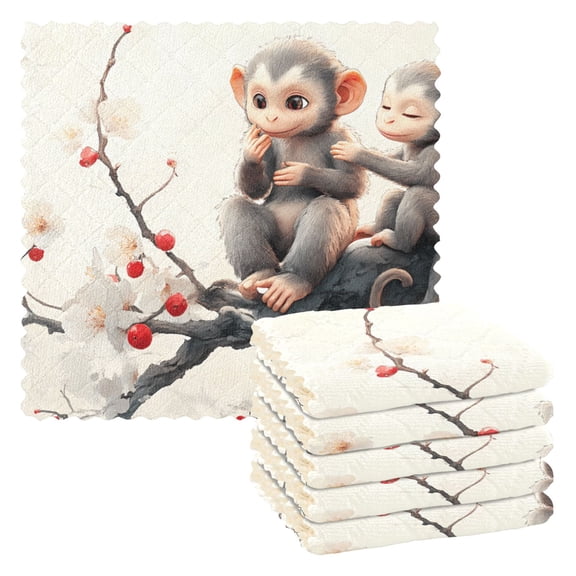 Kitchen Dish Towels Soft Absorbent Dish Cloths 11"x11" Cute Monkeys on Flower Branch 6 Packs