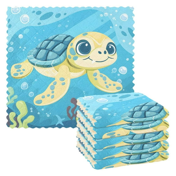 Kitchen Dish Towels Soft Absorbent Dish Cloths 11"x11" Cute Turtle Swimming 6 Packs