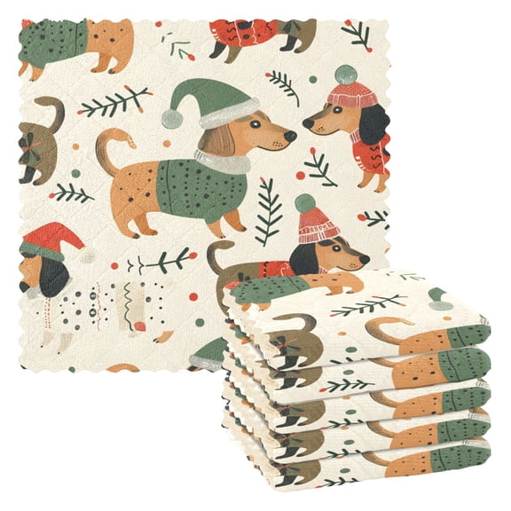 Kitchen Dish Towels Soft Absorbent Dish Cloths 11"x11" Dachshunds Dog with Sweater and Hat 6 Packs