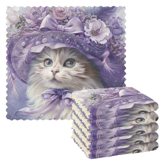 Kitchen Dish Towels Soft Absorbent Dish Cloths 11"x11" Elegant Cat with Lilac Flowers Hat 6 Packs