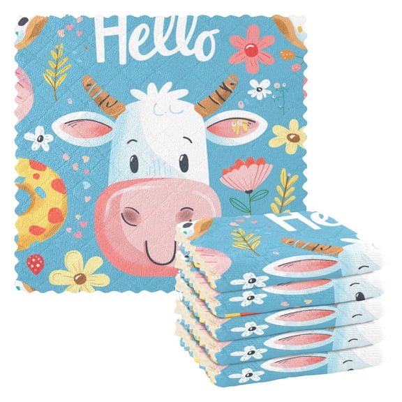 Kitchen Dish Towels Soft Absorbent Dish Cloths 11"x11" Hello Cow Face 6 Packs