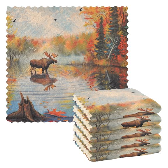 Kitchen Dish Towels Soft Absorbent Dish Cloths 11"x11" Moose Standing in Water 6 Packs