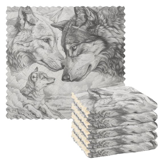 Kitchen Dish Towels Soft Absorbent Dish Cloths 11"x11" Pencil Drawing Wolves 6 Packs