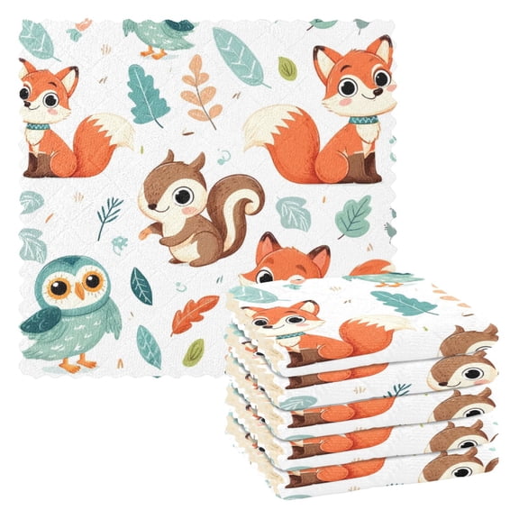 Kitchen Dish Towels Soft Absorbent Dish Cloths 11"x11" Squirrel Fox Owl Leaf 6 Packs