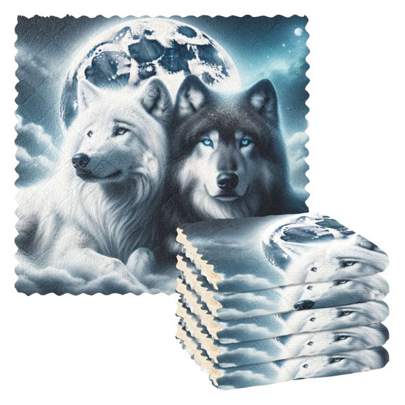 Kitchen Dish Towels Soft Absorbent Dish Cloths 11"x11" Wolves Lying under Moonlight 6 Packs