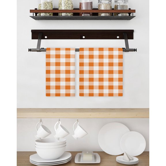 Kitchen Dish Towels Waffle Weave, Fall Orange Gingham Check Soft Absorbent Dish Cloths Quick Drying Microfiber Hand Towels 2 Pack, Tea Towel Kitchen Towels Set