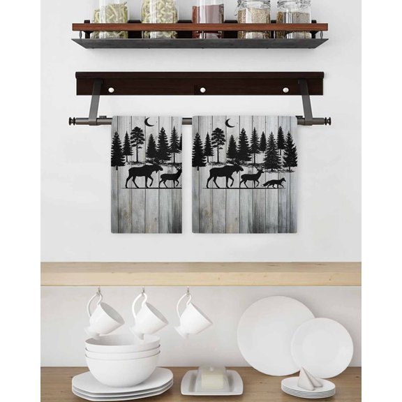 Kitchen Dish Towels Waffle Weave, Forest Deer Fox Tree Soft Absorbent Dish Cloths Quick Drying Microfiber Hand Towels 2 Pack, Tea Towel Kitchen Towels Set